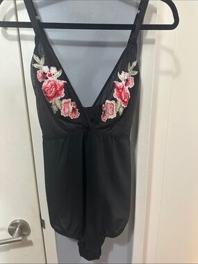 Cacique Black Sheer Bodysuit with Pink and Red Floral Embroidery 18/20